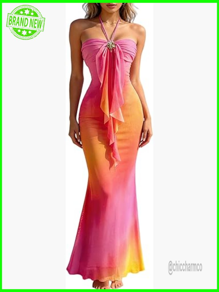 Women's Floral Ombre Boho Maxi Dress Halter Starfish Sunset Vacation Beach